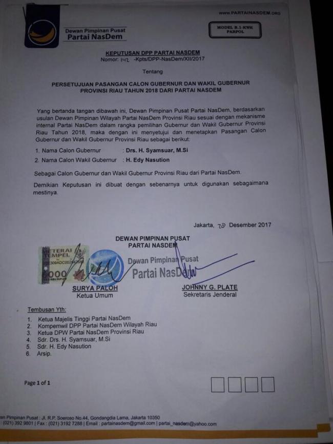 Beredar SK Dukungan Buat Syamsuar, Ini Kata Ketua DPW Nasdem Riau