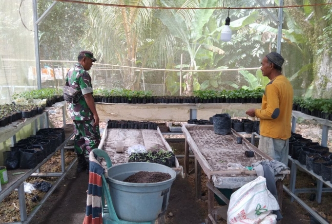 Babinsa Komsos Dengan Petani,Bantu Semai Bibit Bayam Di Kampung Pancasila