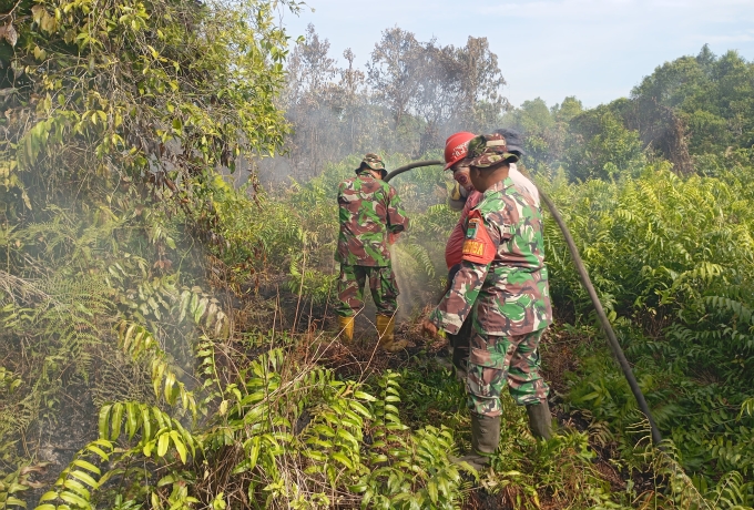 Babinsa Koramil 07/Kampar Padamkan Api Karhutla di Desa Rimbo Panjang