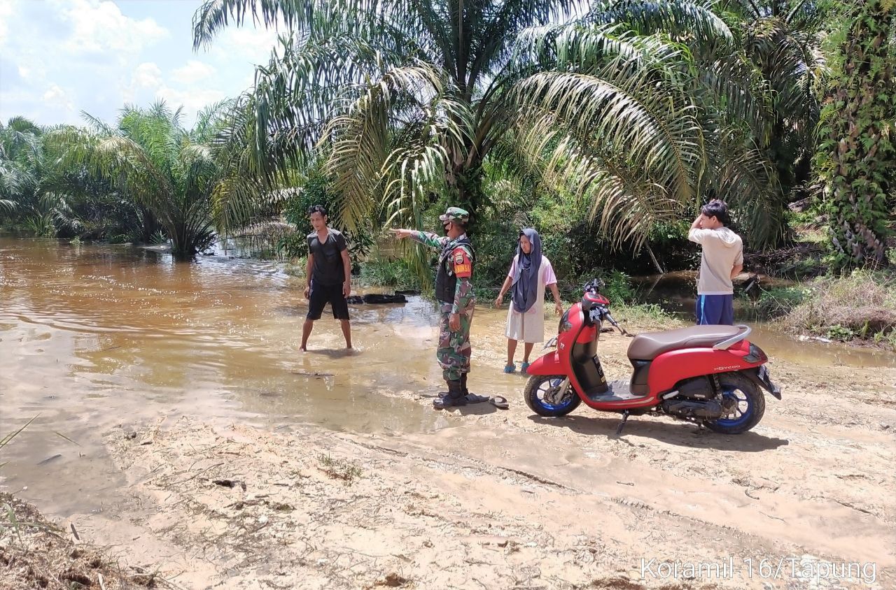 Jalan Terendam Banjir Babinsa Koramil 16/Tapung Bantu Alihkan Pengendara Ke Jalan Alternatif