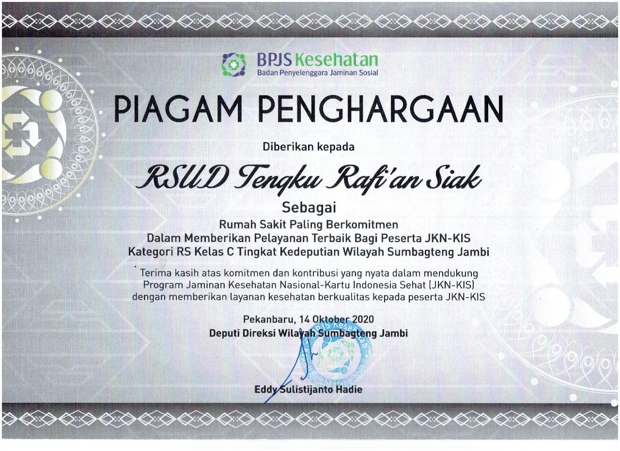 Beri Pelayanan Maksimal kepada Peserta JKN-KIS, RSUD Siak Raih Penghargaan Dari BPJS Kesehatan