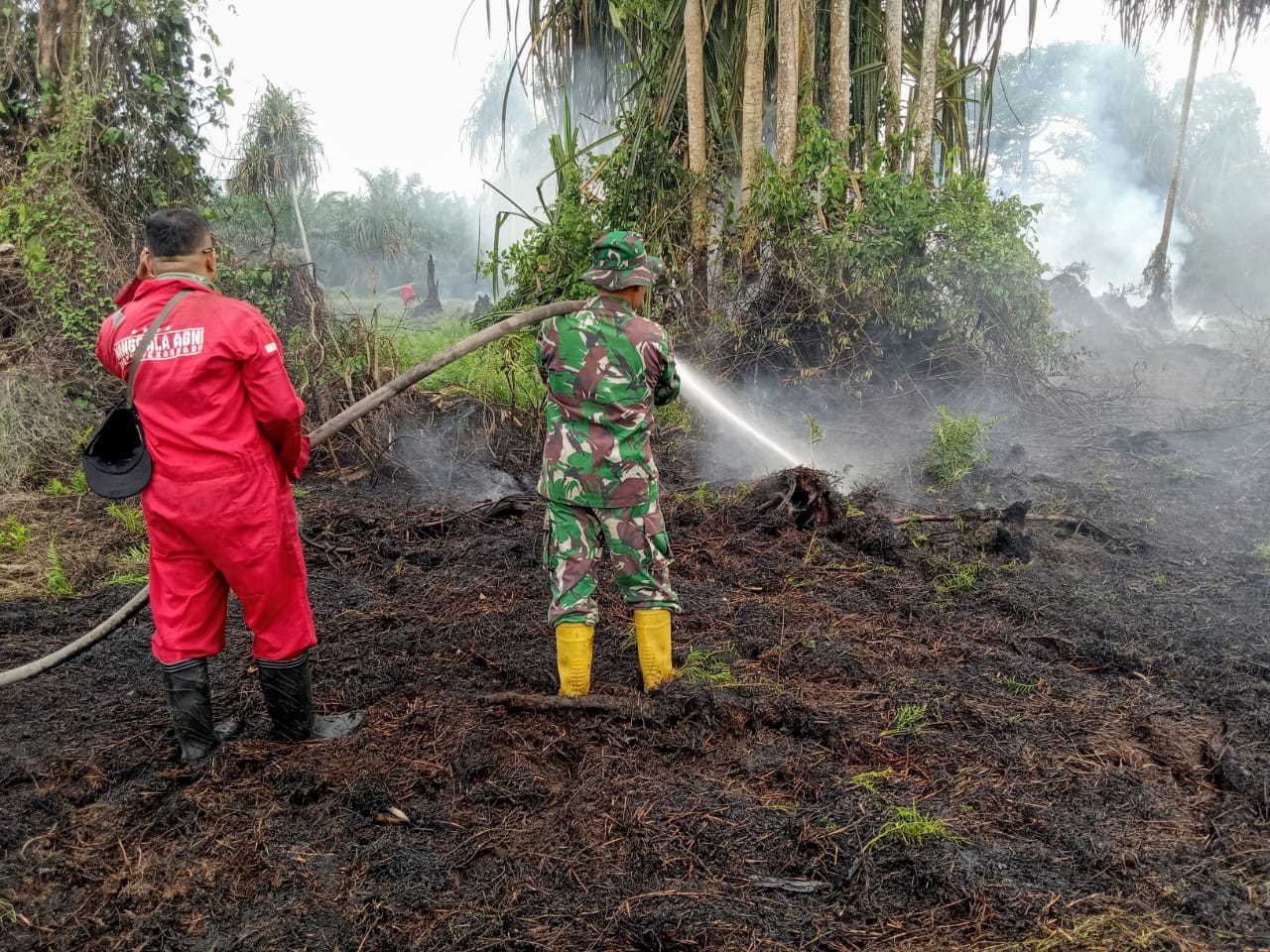 Pastikan Api Benar - Benar Padam, Babinsa Koramil 06 Siak Hulu Lakukan Pendinginan Bersama BNPB